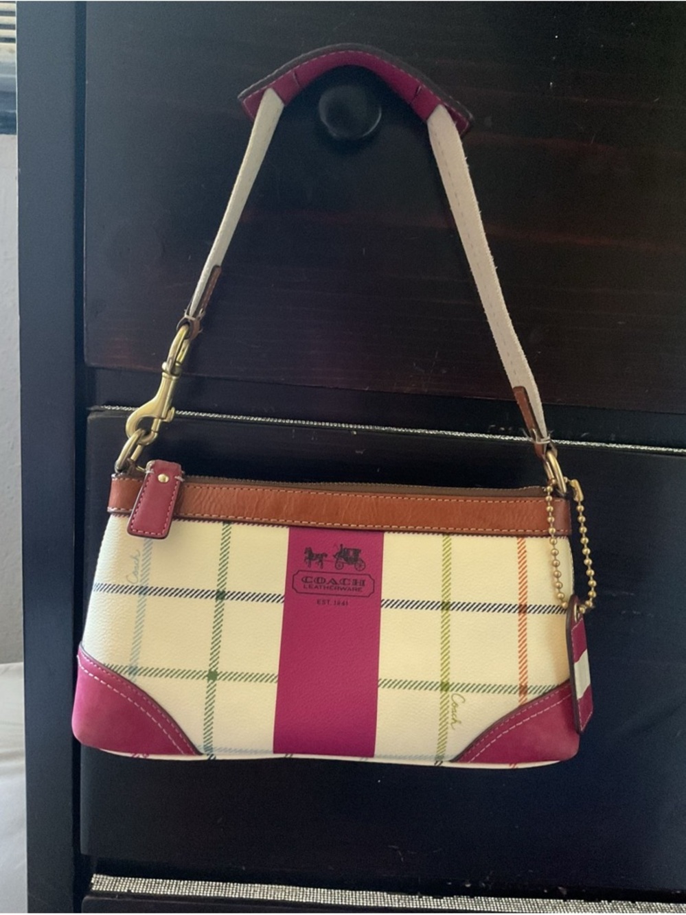 Coach Ivory and Fuchsia Plaid Shoulder Bag with Brown Trim